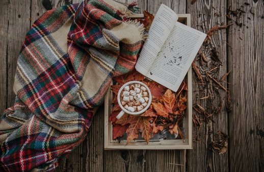Selbstdisziplin - Gönne dir Pausen, ein Buch, eine Decke und eine heiße Schokolade mit Marshmallows